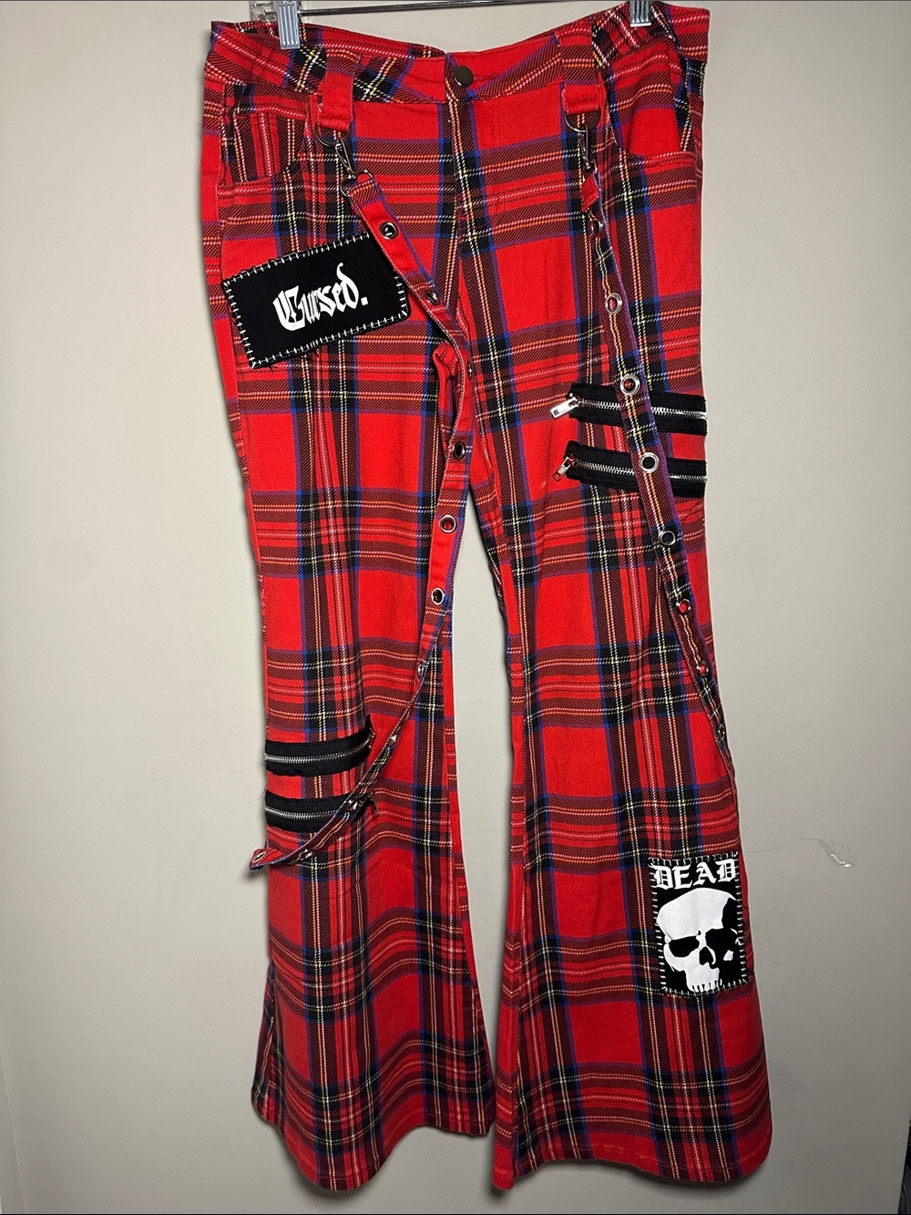 The Grave Girls New Dolls Kill red with black plaid flare pants with suspenders